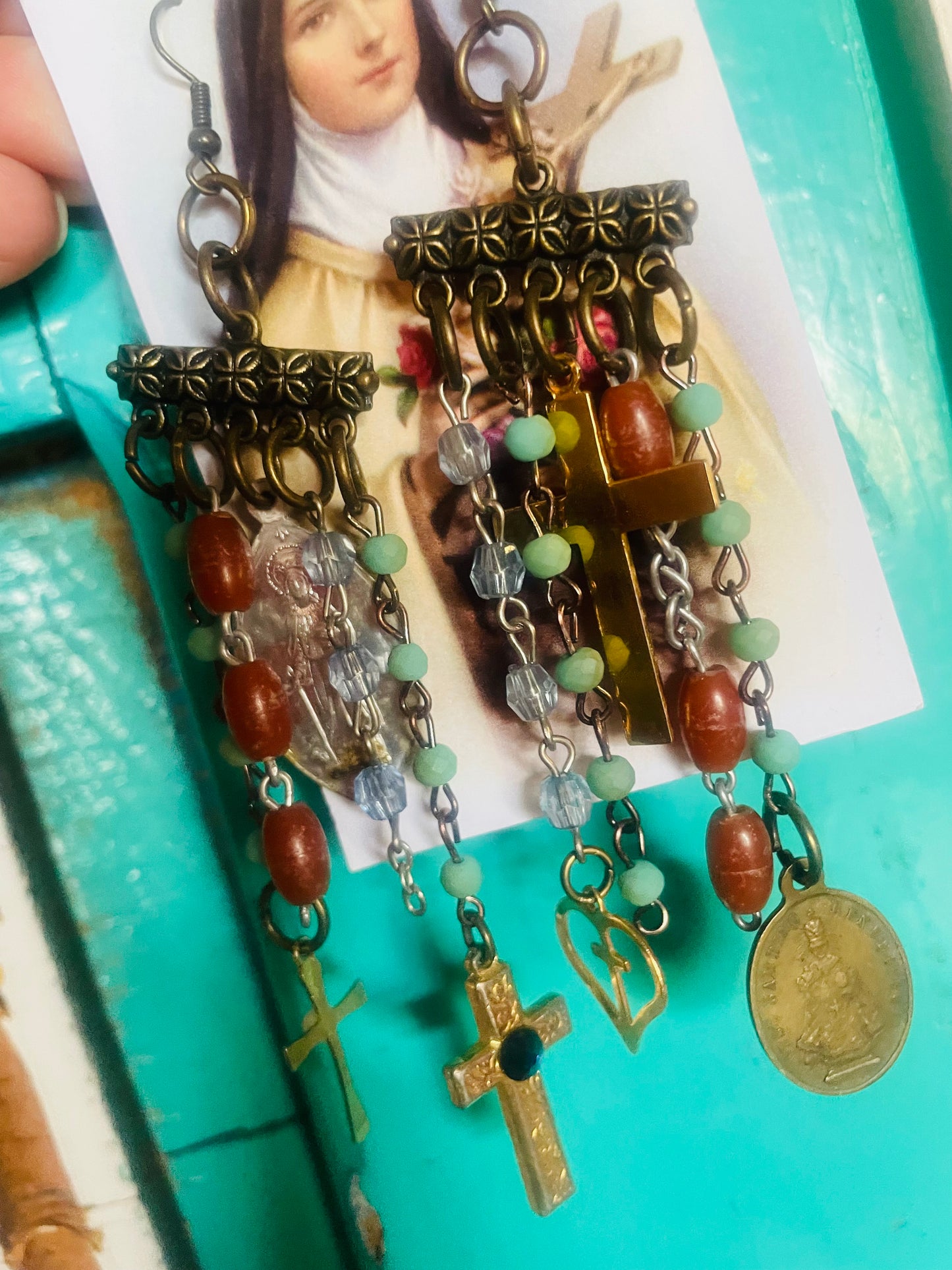 Religious and raw turquoise fringe necklace set
