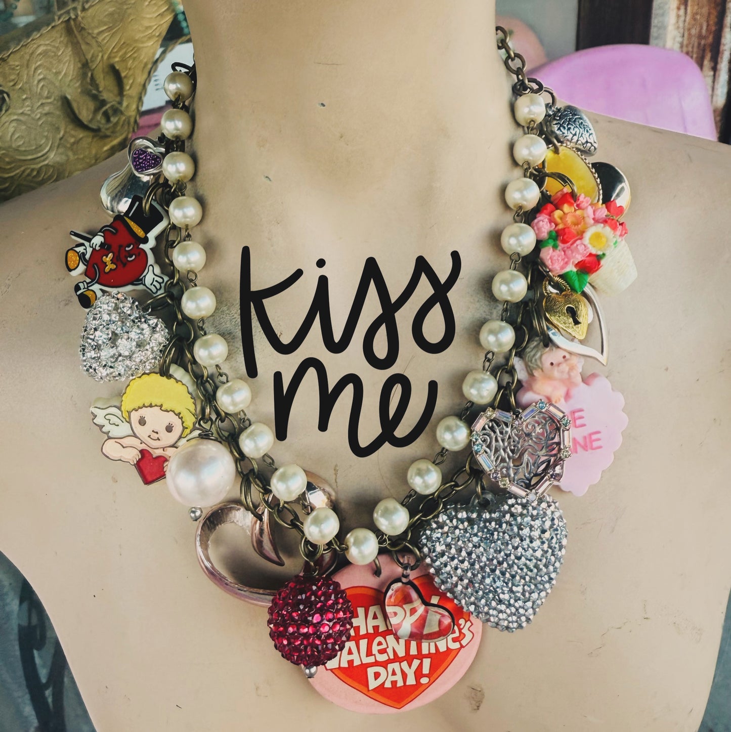 Kiss Me vintage valentine necklace