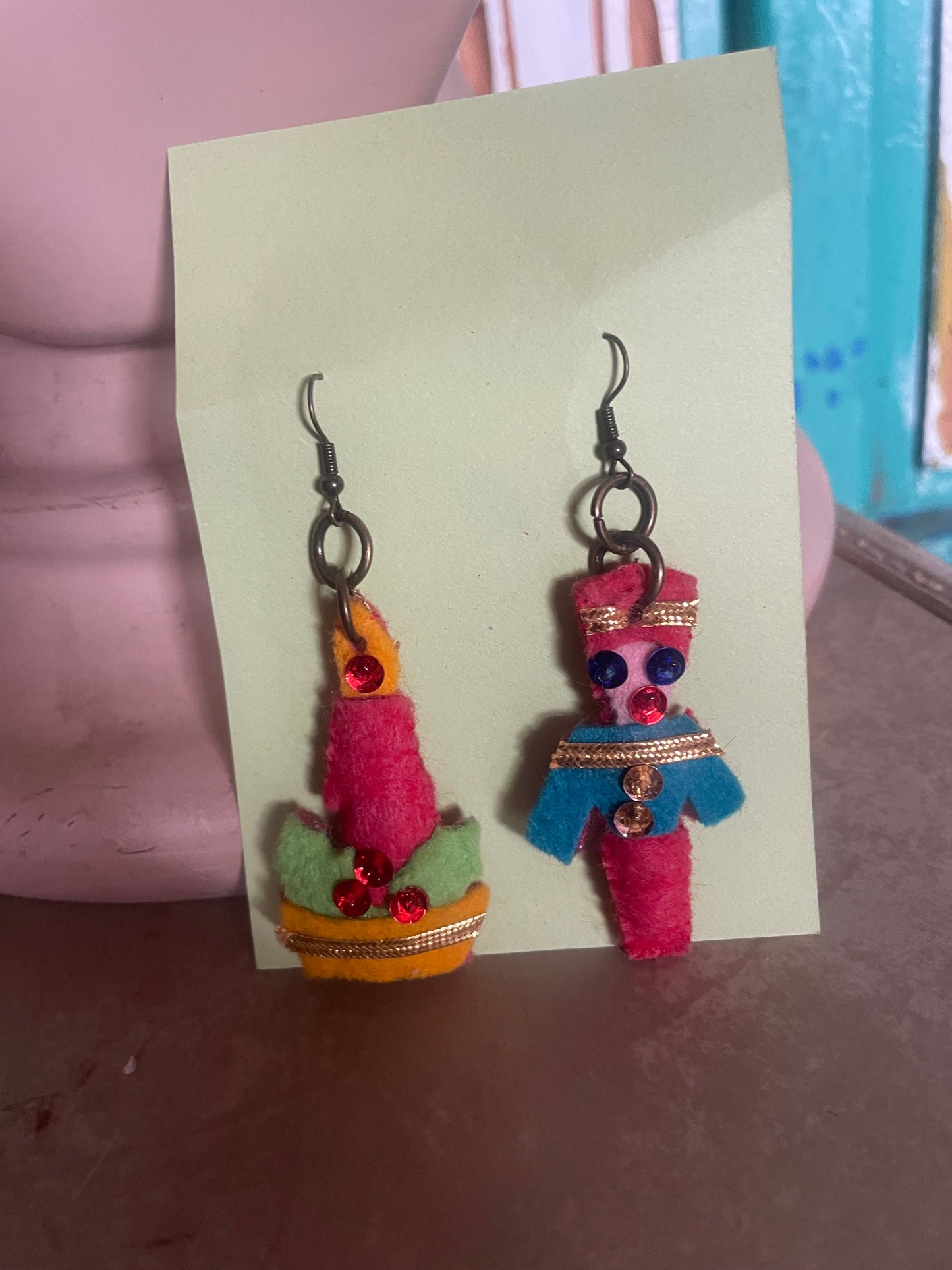 Tiny vintage felt ornament earrings-candle/nutcracker