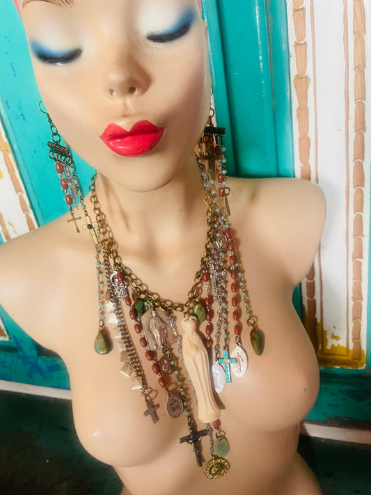 Religious and raw turquoise fringe necklace set