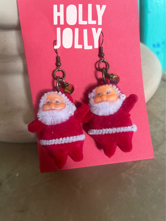 Miniature Santa flocked earrings Jolly