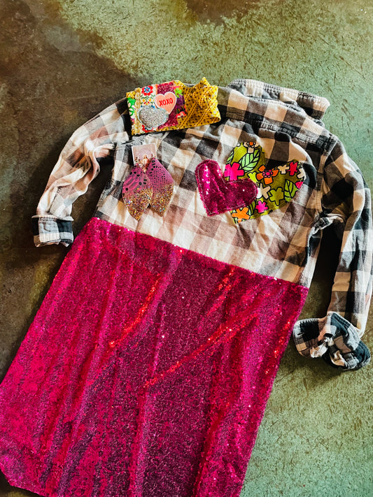Small Flannel Duster with hearts- hot pink sequins