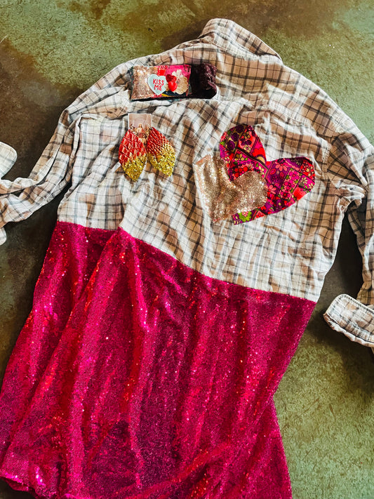 Xxl vintage flannel duster-hot pink sequins